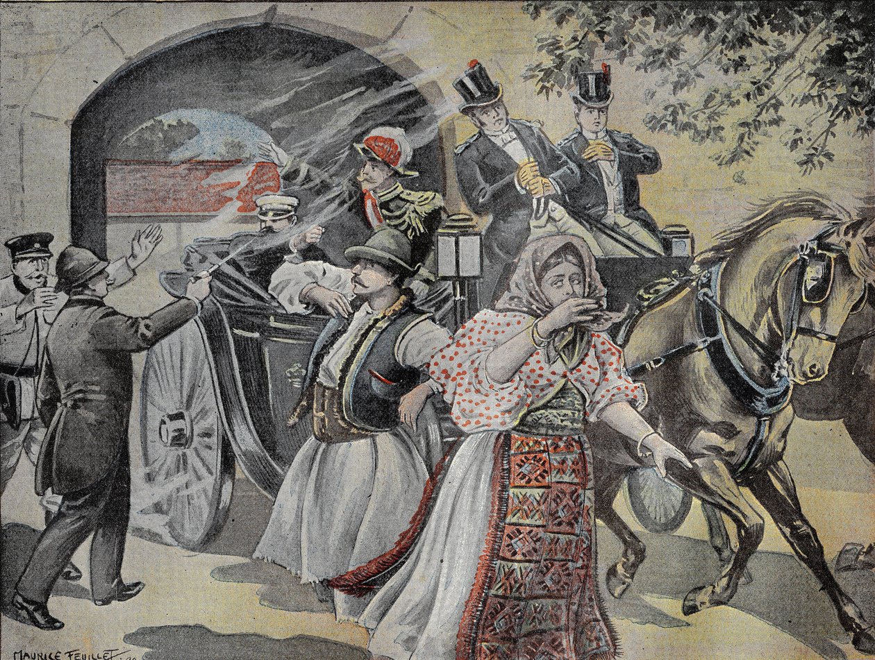 7 जुलाई 1899 को सोफिया की गलियों में मिलान ओब्रेनोविच (1854-1901) सर्बिया के पूर्व राजा (1882 से 1889) पर रिवॉल्वर हमला। "" ले पेलेरिन "" 23/07/1899 में उत्कीर्णन। द्वारा फ्रेंच स्कूल