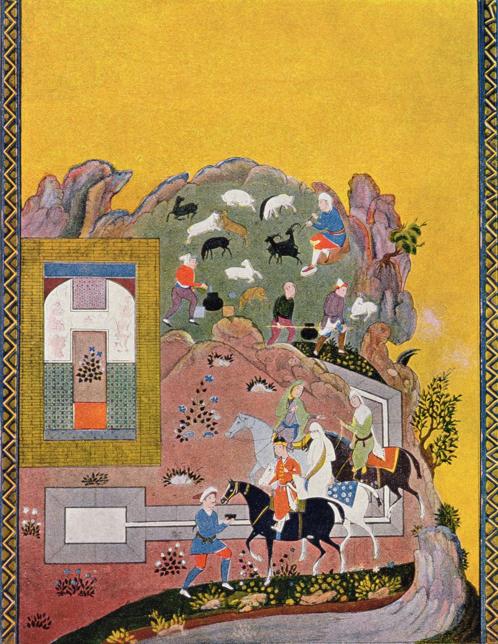 राइडर और उसका हरम, द अरेबियन नाइट्स, 1895 (रंग उत्कीर्णन) के लिए चित्र द्वारा फ्रेंच स्कूल