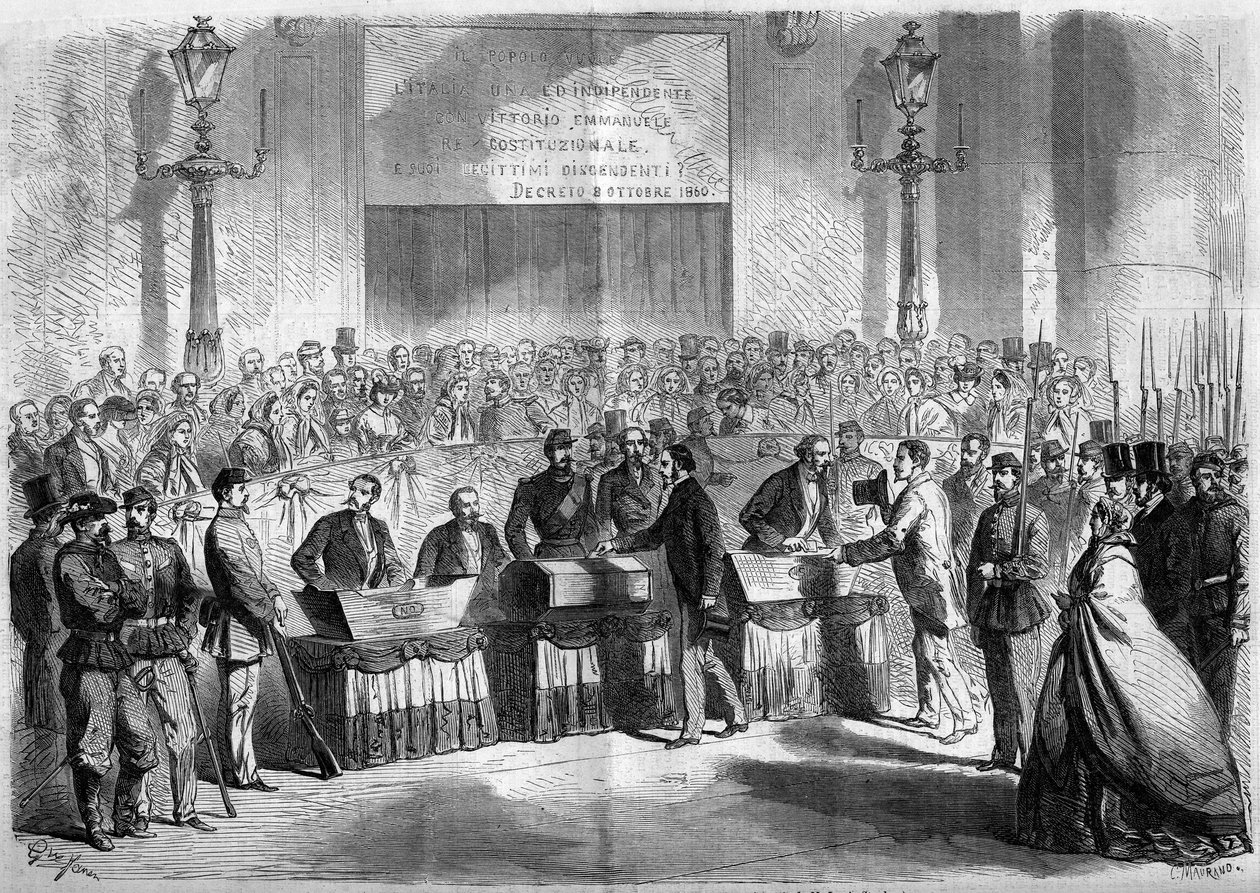 रिसोर्गिमेंटो, नेपल्स, 21 अक्टूबर 1860: शहर को इटली के राज्य से जोड़ने पर सेंट फ्रेंकोइस डी पौले के चर्च में आबादी का वोट। 17 नवंबर 1860 के "" ले मोंडे इलस्ट्र्रे"" एन ° 188 में उत्कीर्णन। द्वारा फ्रेंच स्कूल