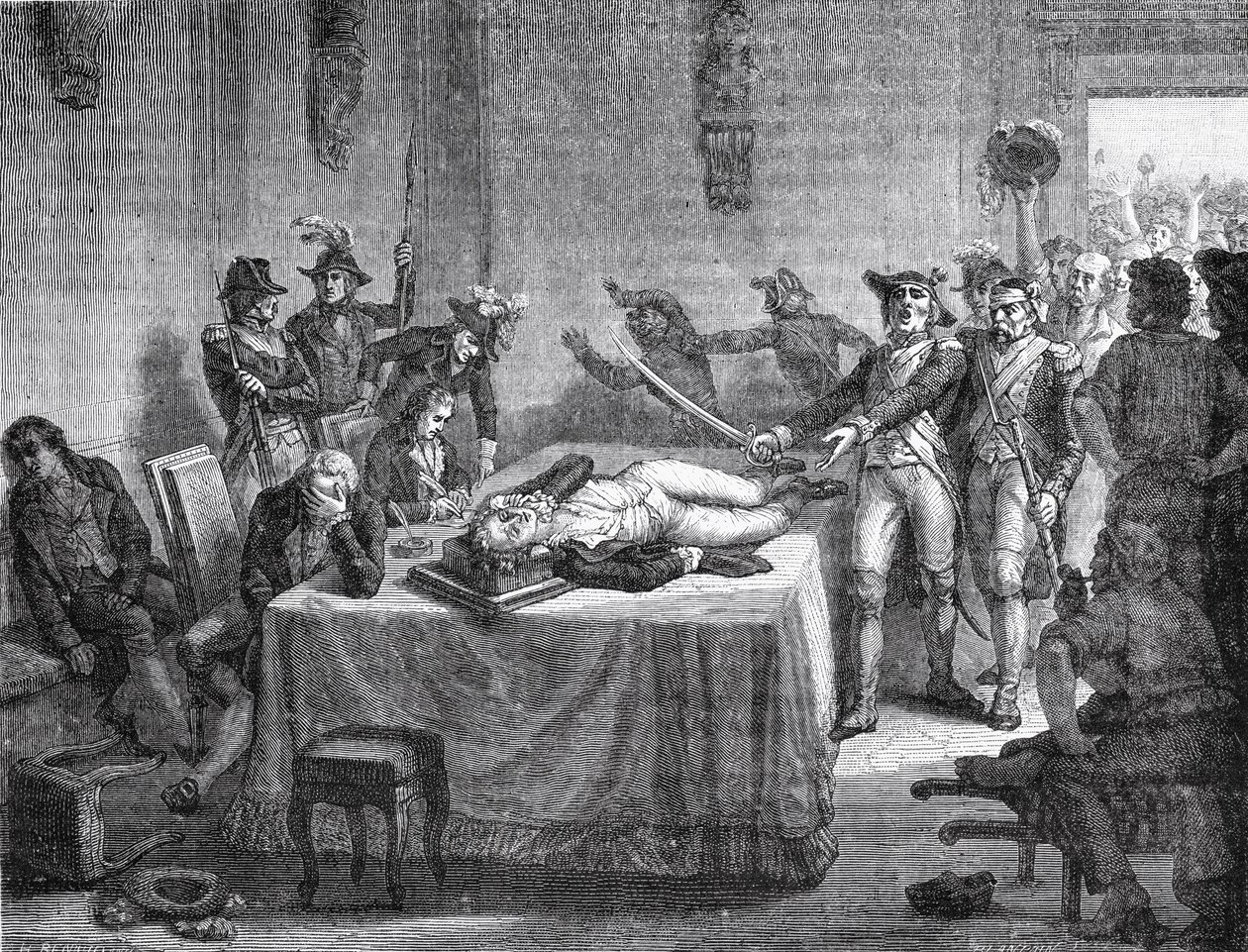 1794 में जबड़े में खुद को गोली मारने के लिए रोबेस्पिएरे वेटिंग द्वारा फ्रेंच स्कूल