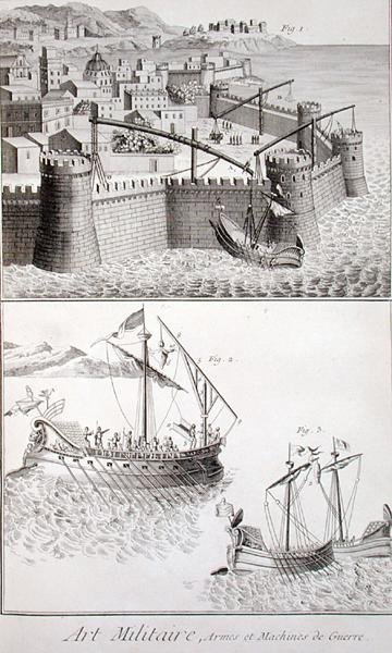 नेवल वारफेयर के लिए रोमन मशीनरी, डेनिस डाइडरोट (1713-84) द्वारा 'एनसाइक्लोपीडी डेस साइंसेज एट मेटियर्स' से प्रकाशित, c.1770 (उत्कीर्णन) द्वारा फ्रेंच स्कूल