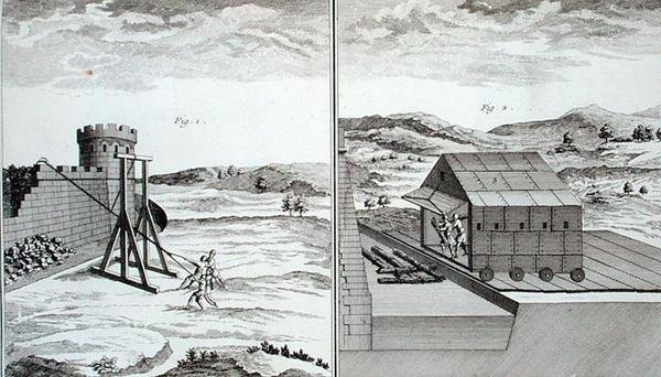 रोमन घेराबंदी मशीनरी, डेनिस डाइडरॉट (1713-84) द्वारा 'एनसाइक्लोपीडी डेस साइंसेज एट मेटियर्स' से प्रकाशित, c.1770 (उत्कीर्णन) द्वारा फ्रेंच स्कूल