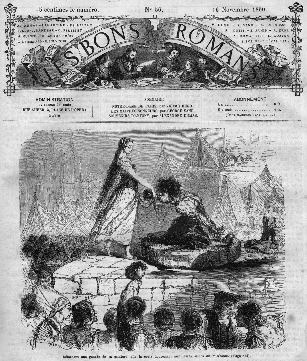 रोमन धारावाहिक: विक्टर ह्यूगो (1802-1885) द्वारा "" नोट्रे डेम डे पेरिस ""। क्वासिमोडो और एस्मेराल्डा। "" लेस बोन्स रोमांस "" में उत्कीर्णन द्वारा फ्रेंच स्कूल