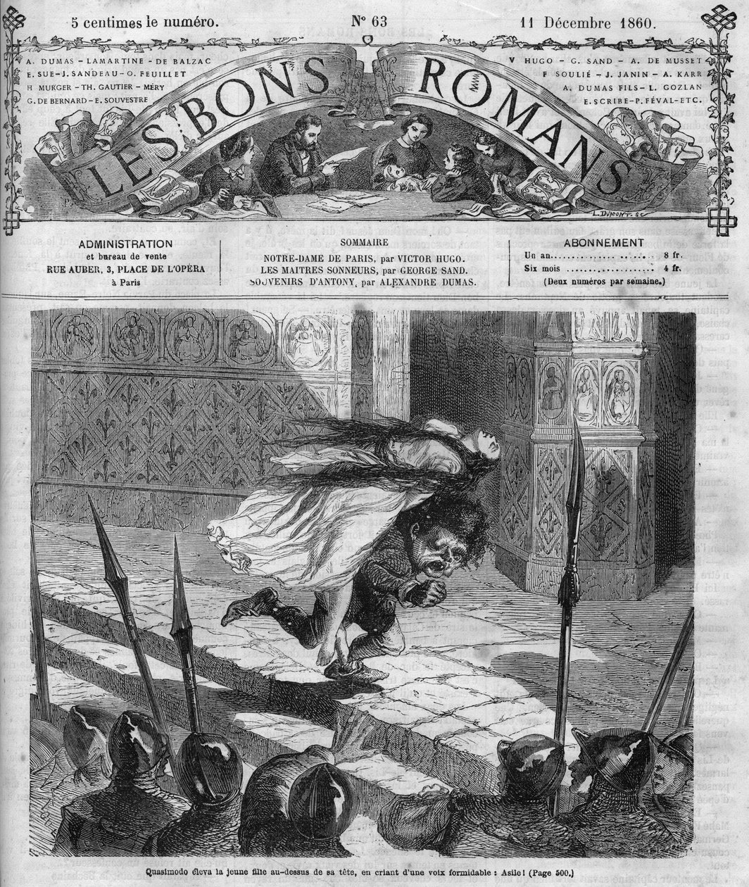 रोमन धारावाहिक: विक्टर ह्यूगो (1802-1885) द्वारा "" नोट्रे डेम डे पेरिस ""। क्वासिमोडो और एस्मेराल्डा। "" लेस बोन्स रोमांस "" में उत्कीर्णन द्वारा फ्रेंच स्कूल