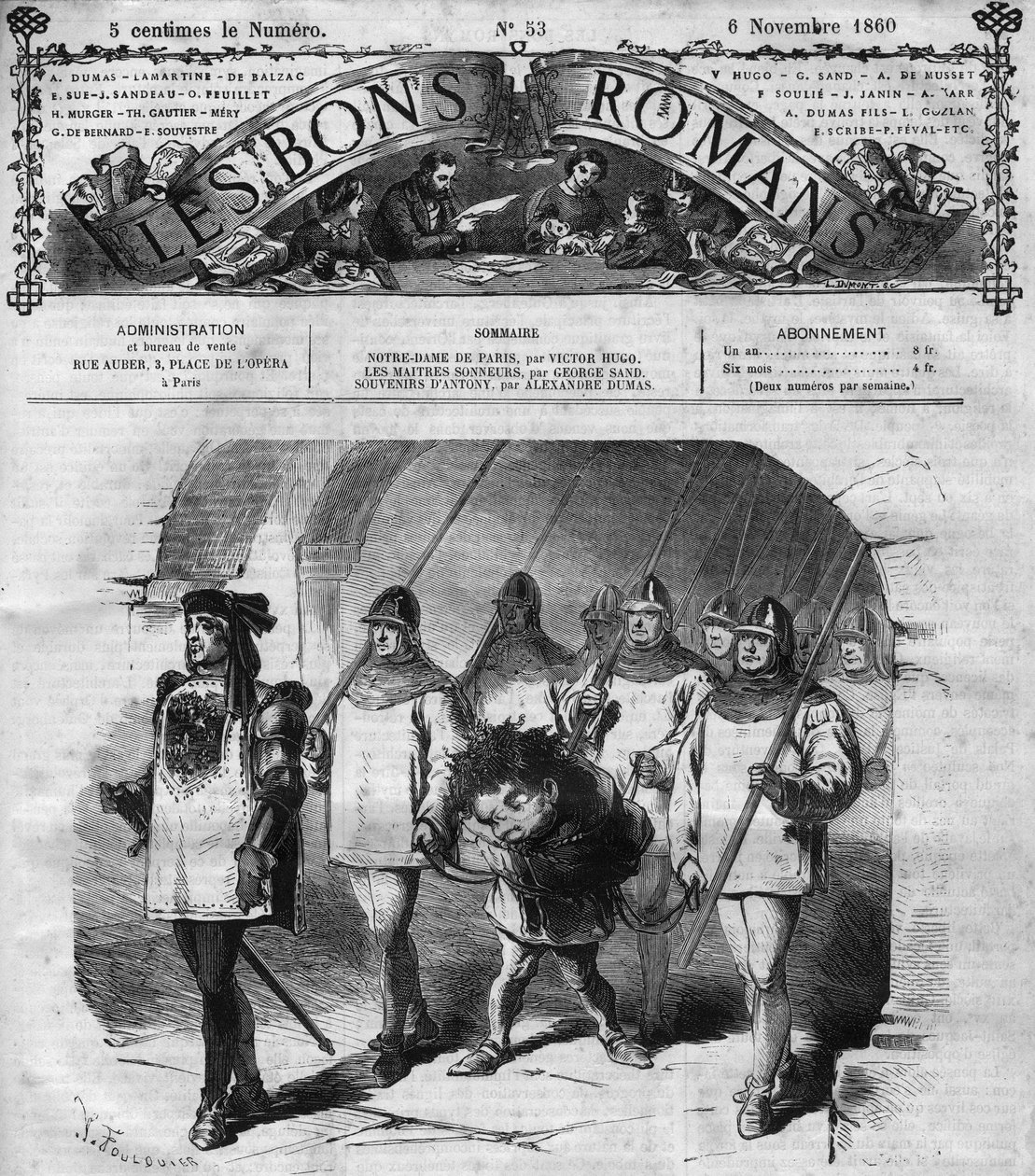 रोमन धारावाहिक: विक्टर ह्यूगो (1802-1885) द्वारा "" नोट्रे डेम डे पेरिस ""। कासिमोडो की गिरफ्तारी। "" लेस बोन्स रोमांस "" में उत्कीर्णन द्वारा फ्रेंच स्कूल