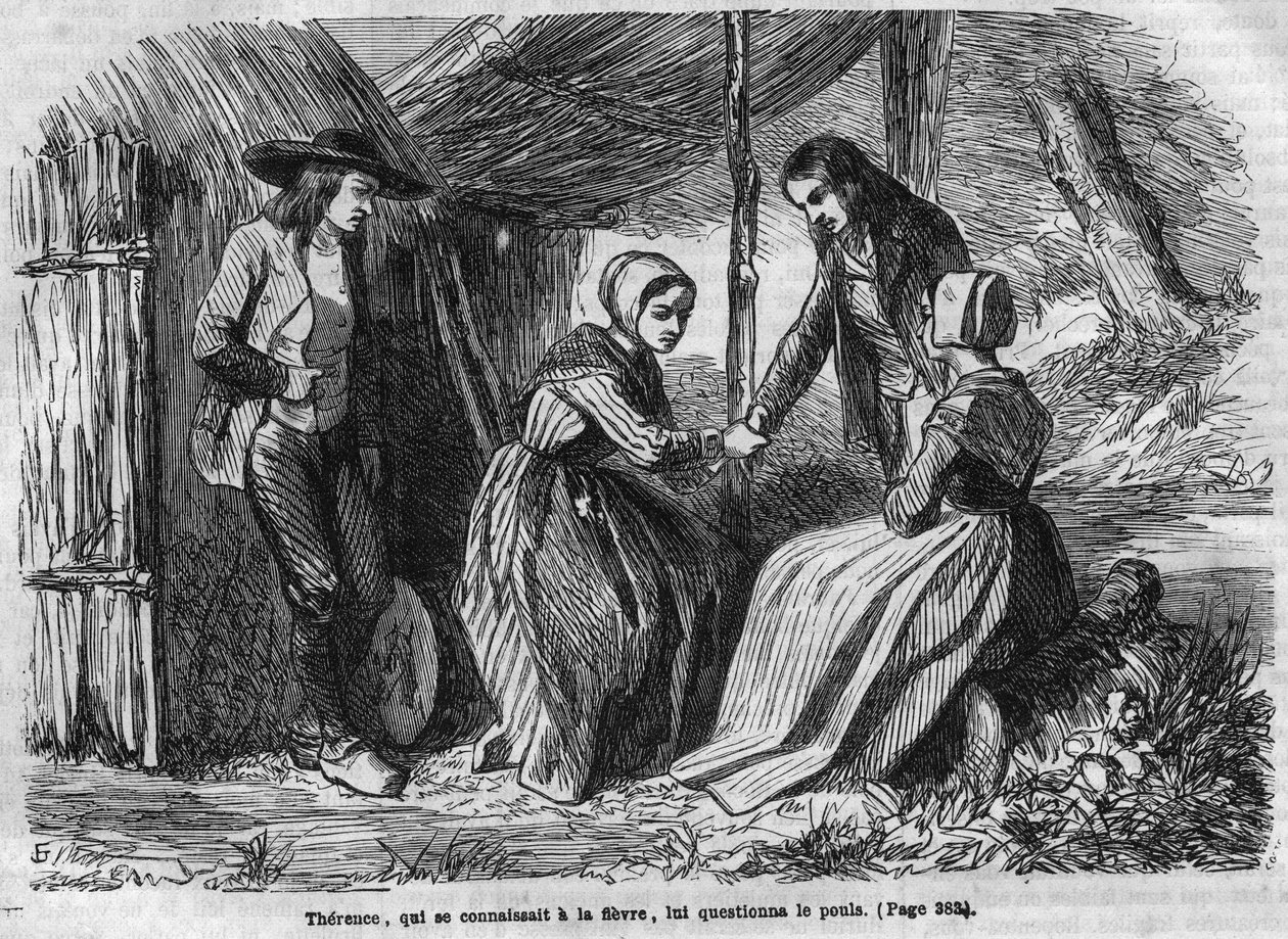 रोमन सोप ओपेरा: जॉर्ज सैंड (औरोर ड्यूपिन, बैरोनेस ड्यूडेवेंट) (1804-1876) द्वारा "" द मास्टर रिंगर्स ""। वहाँ चिकन लेता है। "" लेस बोन्स रोमांस "" में उत्कीर्णन द्वारा फ्रेंच स्कूल