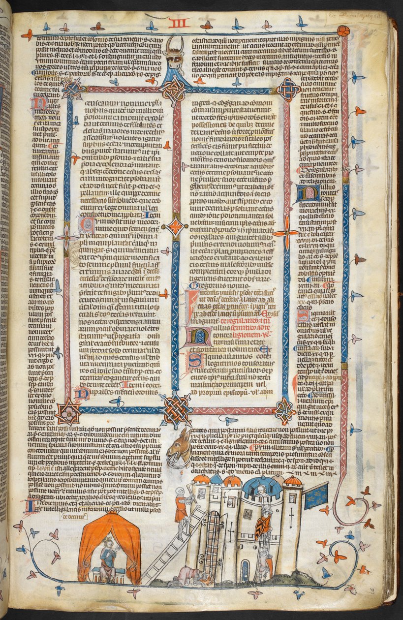 रॉयल एमएस 10 iv f.202r एक किलेबंद महल और सीमांत सजावट पर हमला, #39;द स्मिथफील्ड डिक्रेटल्स#39; (वेल्लम) से चित्रण द्वारा फ्रेंच स्कूल