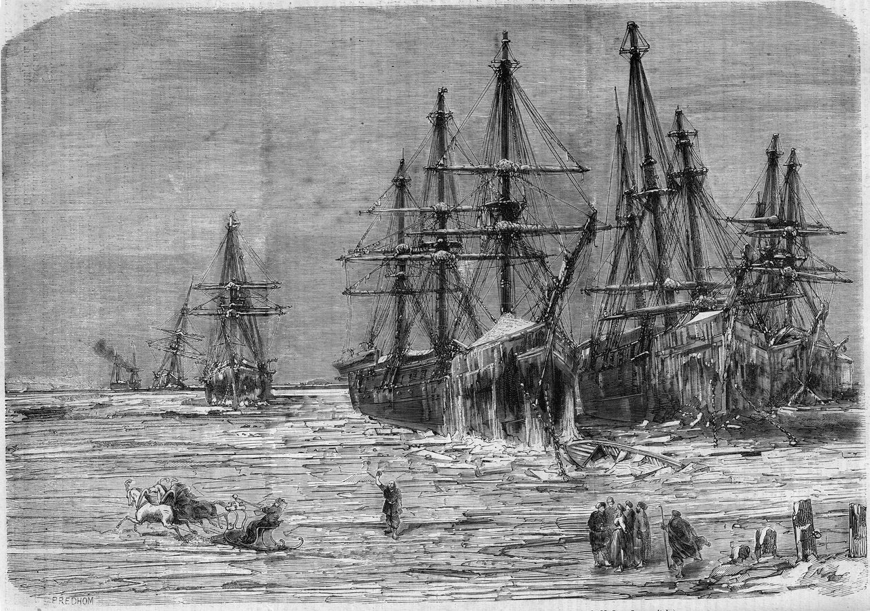 काला सागर में नीपर नदी के मुहाने पर बर्फ में फंसे रूसी जहाज ships द्वारा फ्रेंच स्कूल