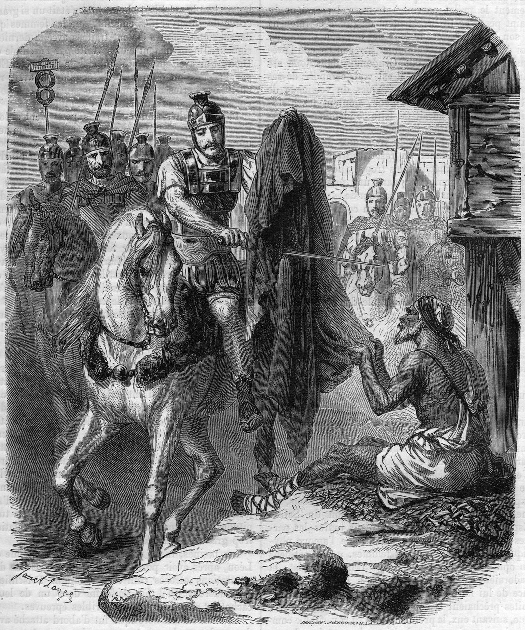 सेंट मार्टिन डी टूर्स (सेंट-मार्टिन-डी-टूर्स, वी। 316-397) एक गरीब आदमी को देने के लिए अपने कोट के दो टुकड़े बनाते हैं। मौरिस लाचत्रे द्वारा "हिस्टोइरे डेस पेप्स-रोइस-क्वीन एंड एम्पीयरर्स ए ट्रैवर्स लेस सेंचुरी" में उत्कीर्णन द्वारा फ्रेंच स्कूल