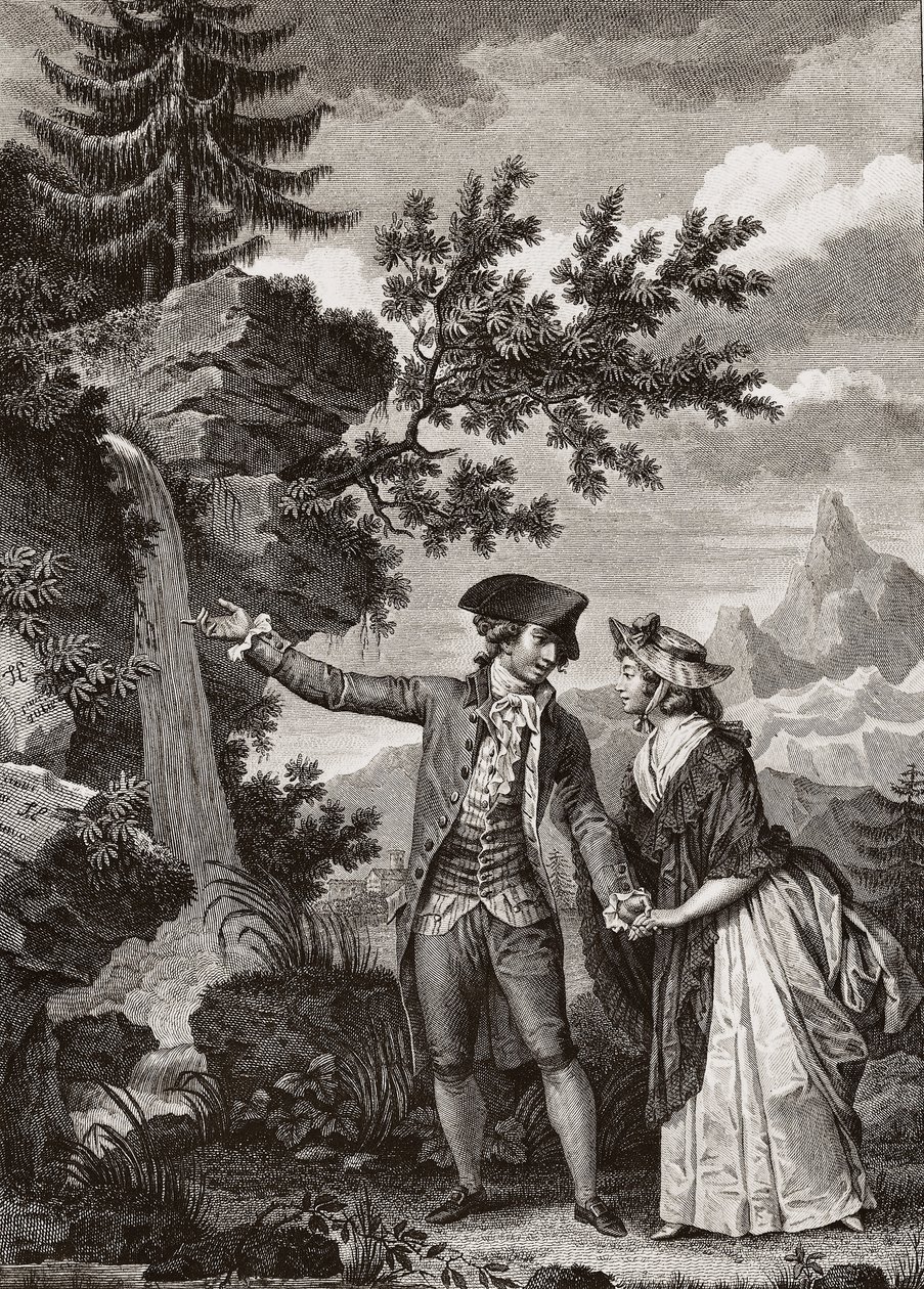 स्विस दार्शनिक जीन जैक्स (जीन-जैक्स) रूसो (1712-1778) द्वारा "जूली ओउ ला नोवेल हेलोइस" के लिए 1793 का सेंट प्रीक्स और जूली उत्कीर्णन - जूली और सेंट-प्रीक्स, जीन-जैक्स रूसो द्वारा 'ला नोवेल हेलोइस' से चित्रण (१७१२-७८) (उत्कीर्णन) द्वारा फ्रेंच स्कूल