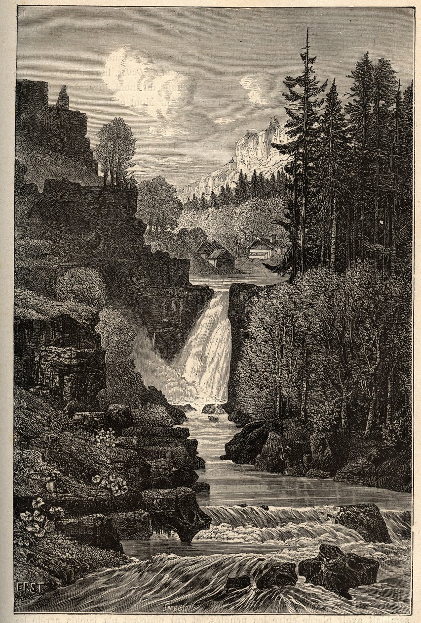 सौत डू डौब्स (झरना झरना) फ्रैंच-कॉम्टे - "" पैट्री "" में उत्कीर्णन - लुसियन हर्ड द्वारा 6 खंडों में विवरण पेक्चुरेस डे ला फ्रांस - 19 वीं शताब्दी के अंत में द्वारा फ्रेंच स्कूल