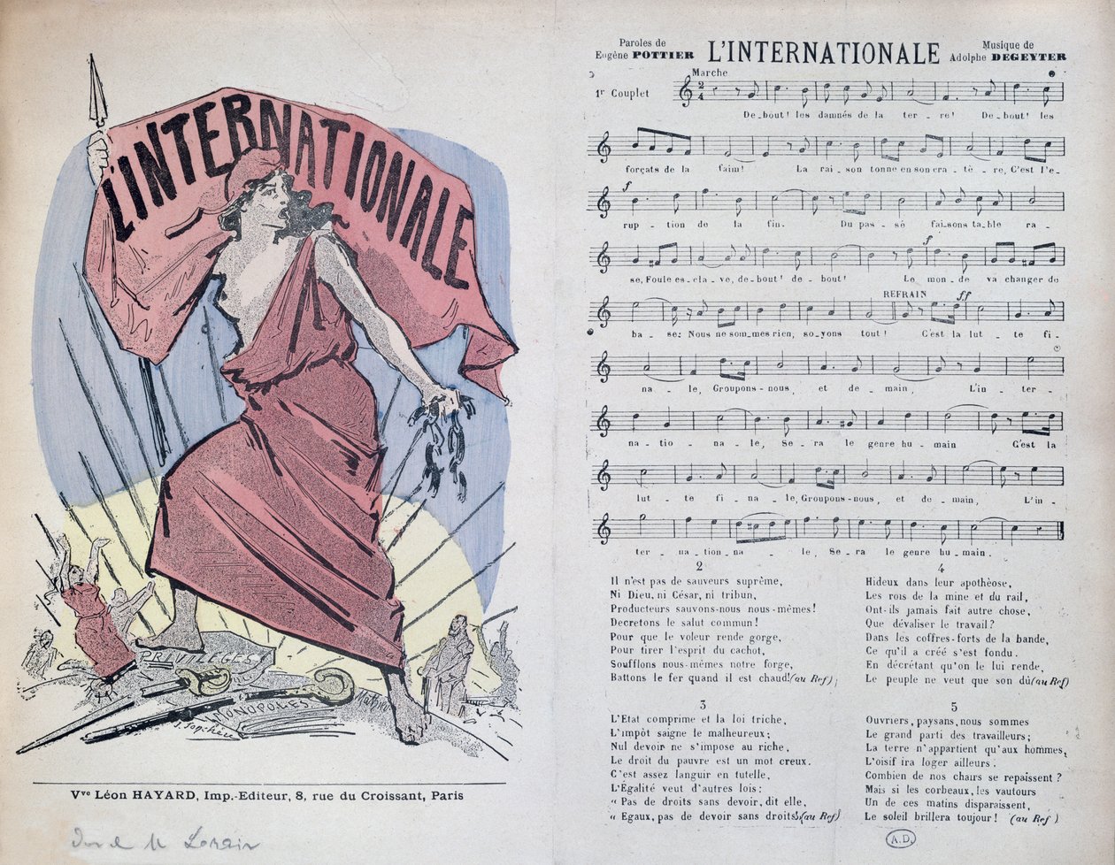 गीत के लिए स्कोर शीट LInternationale, c.1900 द्वारा फ्रेंच स्कूल