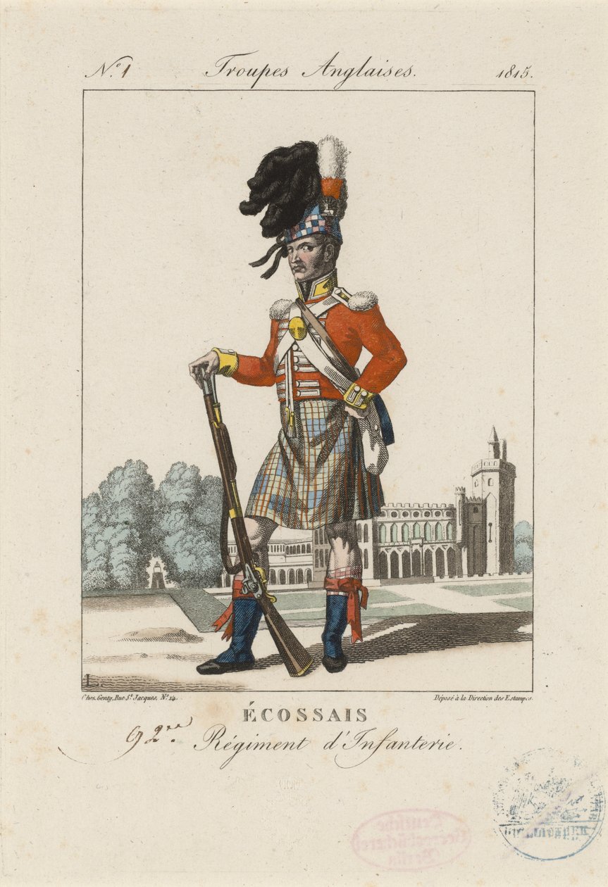 स्कॉटिश 92वें इन्फैंट्री रेजिमेंट, c.1815 (रंगीन नक़्क़ाशी) द्वारा फ्रेंच स्कूल