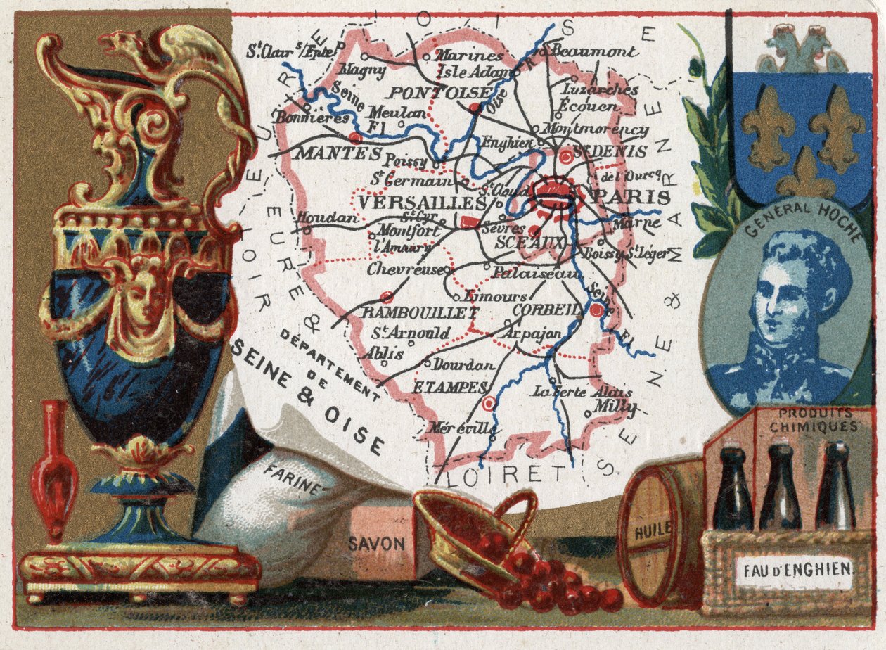 Seine-Et-Oise (Seine Et Oise), अब Essonne (91), Val-d'Oise (Val d'Oise, 95) और Yvelines (78), Ile de France (Ile-De-France) का विभाग है। फ्रांस। स्थानीय विशेषता: आटा, साबुन, तेल, पानी और रसायन। जनरल लज़ारे होचे का पोर्ट्रेट (1768 .) द्वारा फ्रेंच स्कूल