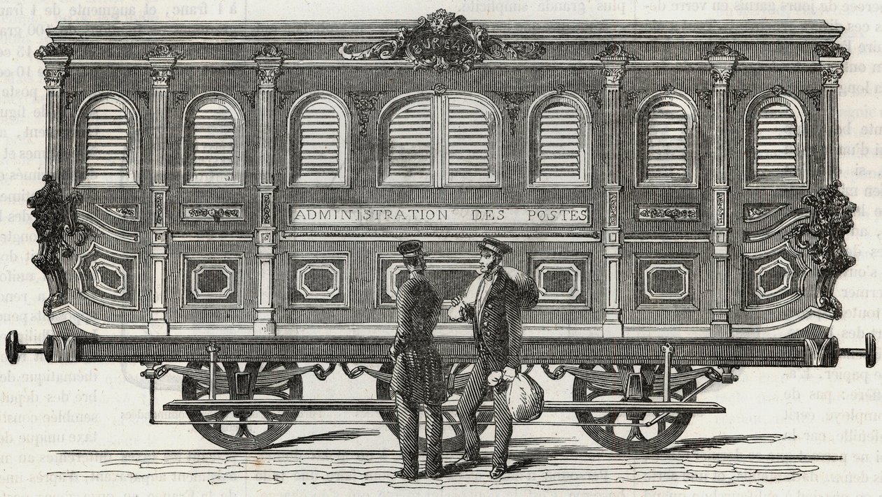 डाकघर - मोबाइल कार्यालय का बाहरी दृश्य - एडमंड टेक्सियर 1852 द्वारा "झांकी-डी-पेरिस" में उत्कीर्णन द्वारा फ्रेंच स्कूल