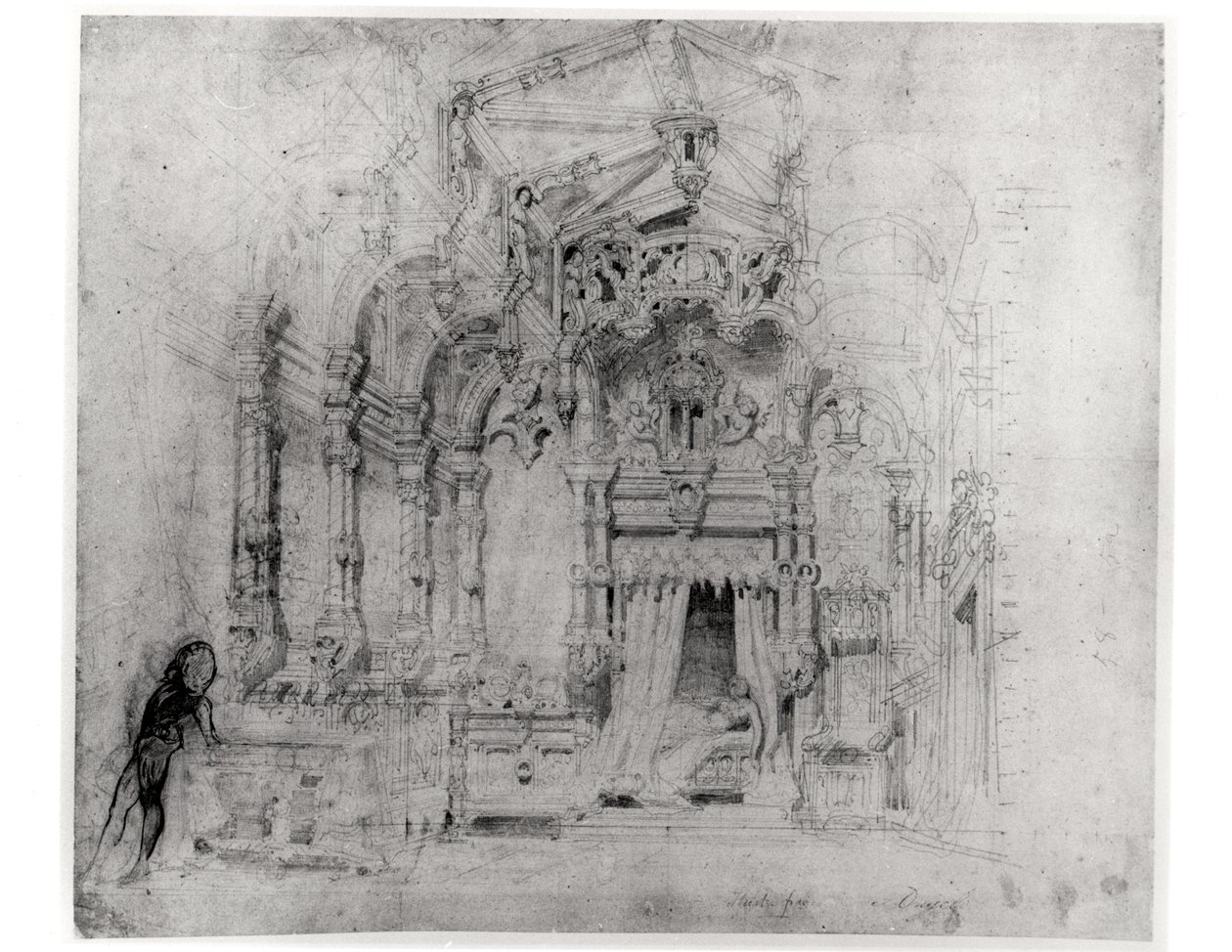 विक्टर ह्यूगो (1802-85), 1835 (कागज पर कलम और स्याही) द्वारा एंजेलो, टायरान डी पादौ के पहले उत्पादन के लिए सेट डिजाइन द्वारा फ्रेंच स्कूल