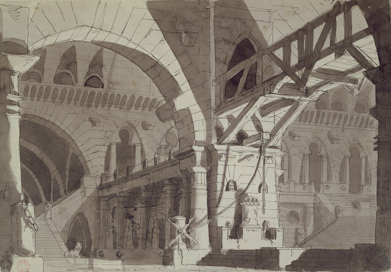 Piranesis जेल चित्र की शैली में सेट करें, c.1800 (कलम, स्याही और धो) द्वारा फ्रेंच स्कूल