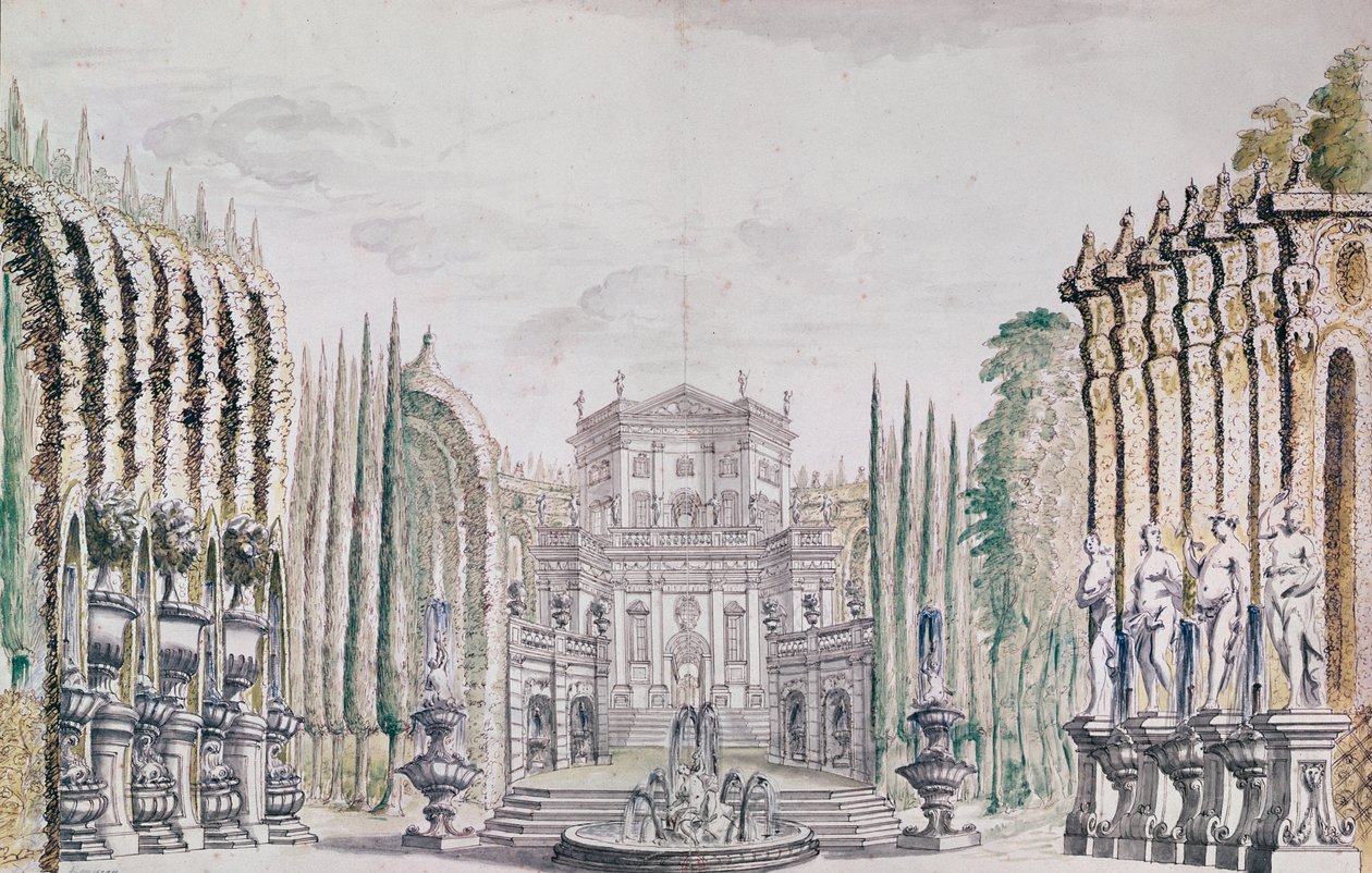 एक थिएटर के लिए महल का डिजाइन सेट करें, c.1660-80 (कागज पर कलम और स्याही और wc) द्वारा फ्रेंच स्कूल