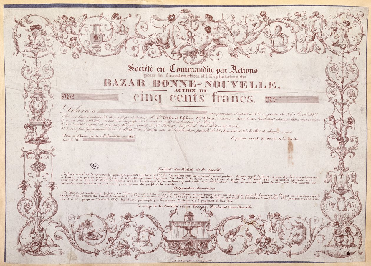 बोने-नोवेल बाजार, 1836 के लिए 500 फ़्रैंक के लिए शेयर सर्टिफिकेट द्वारा फ्रेंच स्कूल