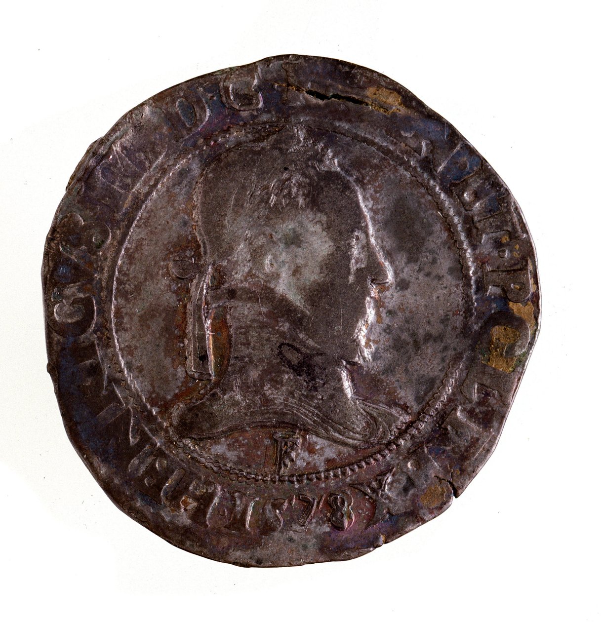 सिल्वर फ्रेंच टेस्टून (टेस्टन), फ्रांस के राजा हेनरी III का शासन (हेनरी III) (1574-1589) डायम। 3,5 सेमी नेपल्स, संग्रहालय पुरातत्व द्वारा फ्रेंच स्कूल