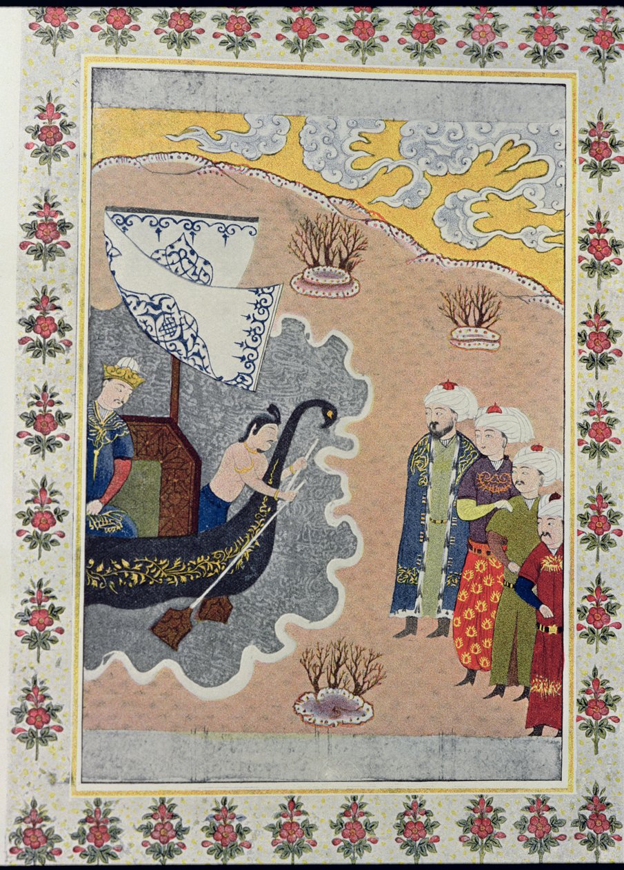 सिनबार्ड एम्बार्किंग, द सिनबार्ड फॉर द सेलर, द अरबियन नाइट्स, 1895 (रंग उत्कीर्णन) से चित्रण द्वारा फ्रेंच स्कूल