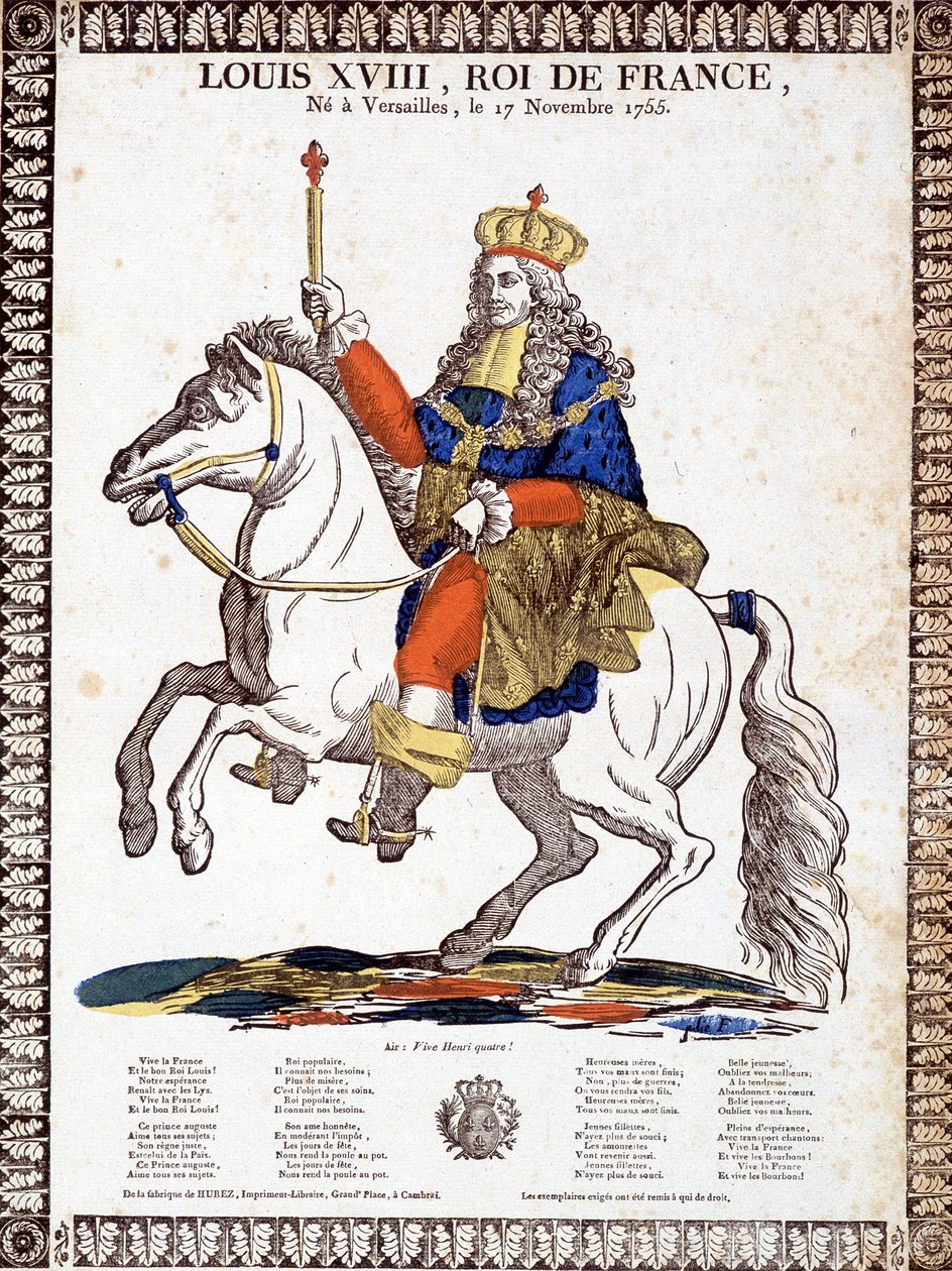 फ्रांस के राजा लुई XVIII के सम्मान में गीत, राजा के एक घुड़सवारी चित्र द्वारा सचित्र (उत्कीर्णन) द्वारा फ्रेंच स्कूल
