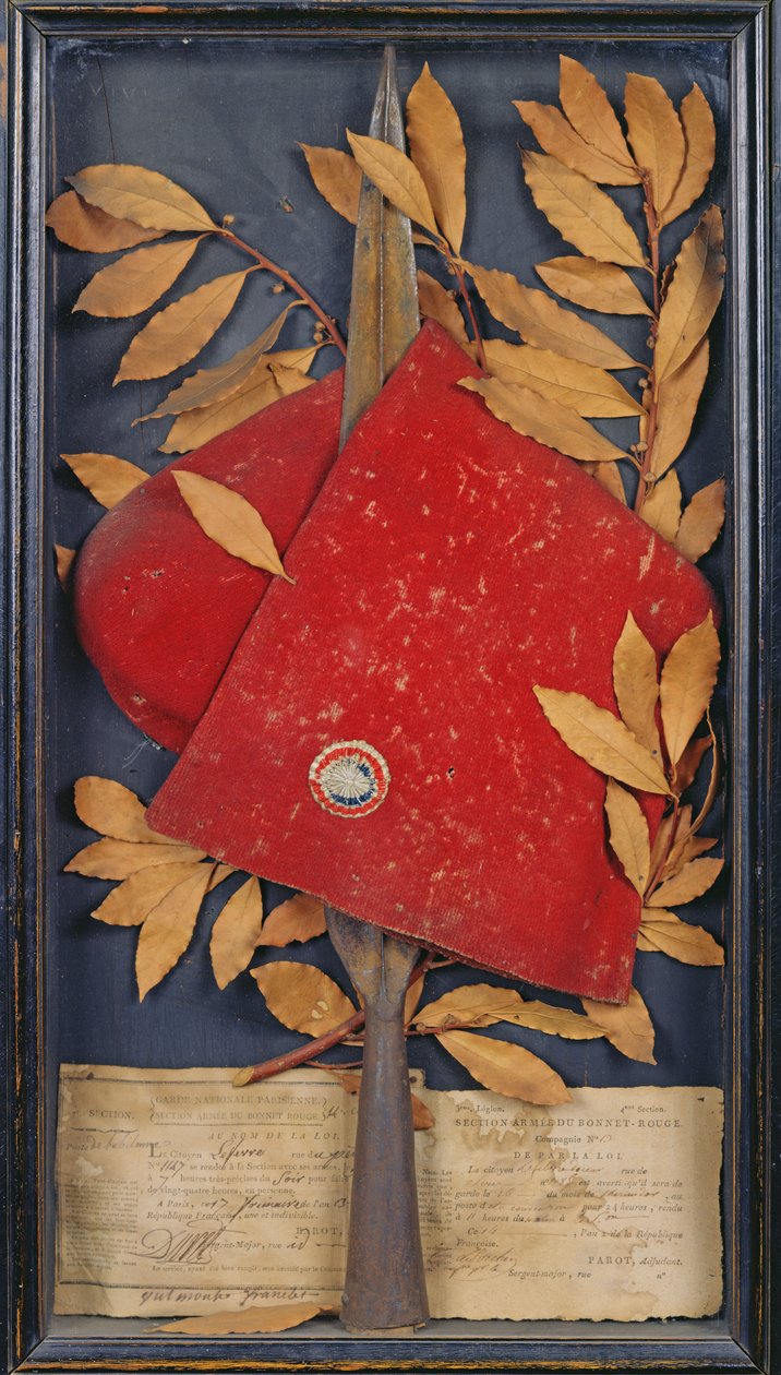 नेशनल गार्ड पैरिसिएन की स्मारिका, धारा आर्मे डु बोनट रूज, 1794 (कोलाज) द्वारा फ्रेंच स्कूल