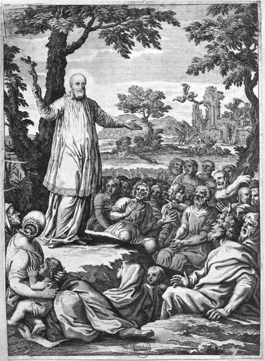 सेंट फ्रांसिस ऑफ़ सेल्स (1567-1622) चबलिस (उत्कीर्णन) (बीडब्ल्यू) के विधर्मियों को उपदेश द्वारा फ्रेंच स्कूल