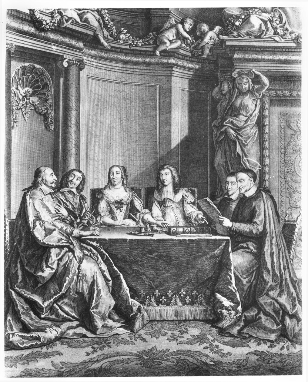 सेंट विंसेंट डे पॉल (1581-1660) और कार्डिनल जूल्स माजरीन (1602-61) लुईस XIV (1638-1715) के कॉन्सिल डी कॉन्शियस में गेरार्ड स्कोटिन (1643-1715) c.1660 द्वारा फ्रेंच स्कूल