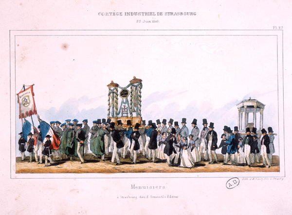 स्ट्रासबर्ग में बढ़ई के जुलूस की शुरुआत, 25 जून 1840 (कलर लिथो) द्वारा फ्रेंच स्कूल