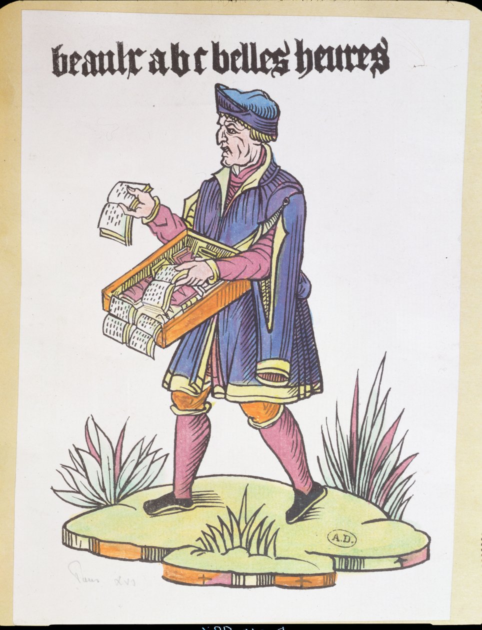 Cris de Paris, c.1515 (रंगीन लकड़ी उत्कीर्णन) से स्ट्रीट हॉकर वर्णमाला प्राइमर और किताबें बेच रहे हैं द्वारा फ्रेंच स्कूल