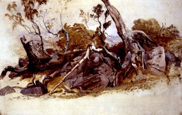 पेड़ों का अध्ययन, c.1825 (बोर्ड पर तेल) द्वारा फ्रेंच स्कूल