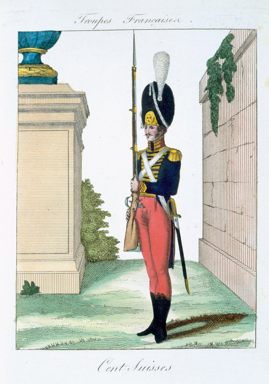 स्विस सेंटुरियन, फ्रेंच ट्रूप्स, पब से। बैसेट, पेरिस में, c.1790 द्वारा फ्रेंच स्कूल
