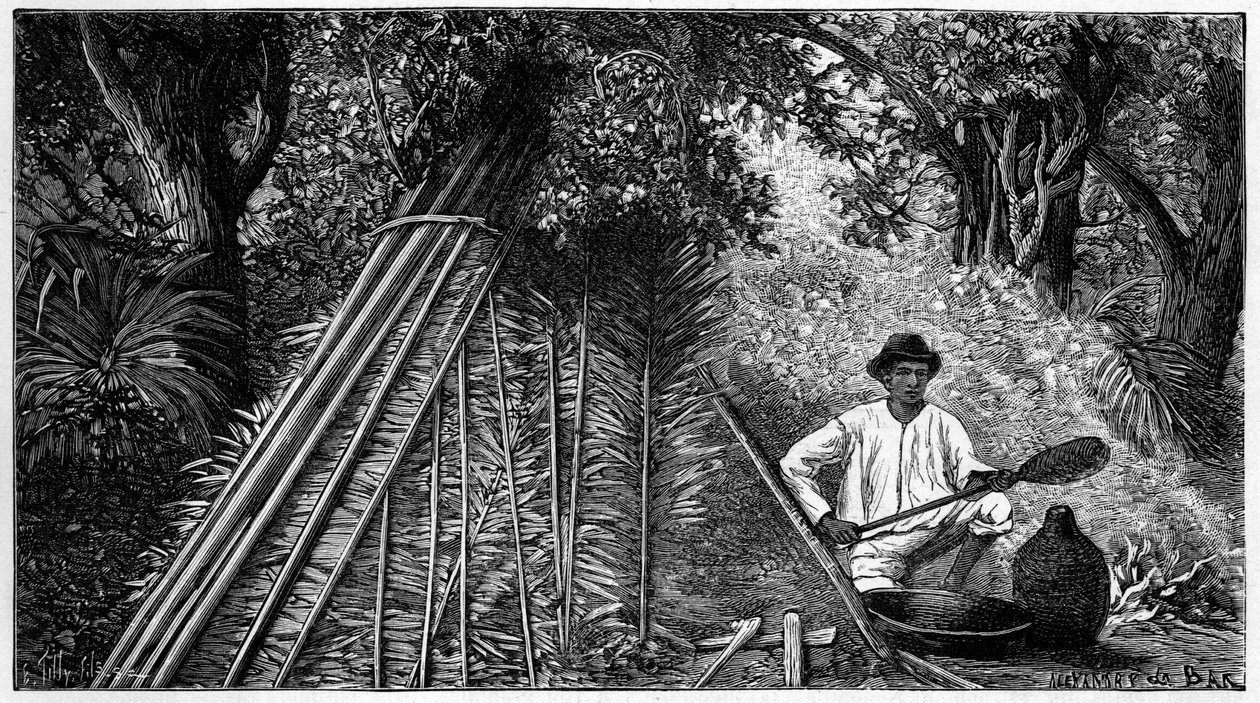 सीरिंगुएरो रबर बनाने वाले लेटेक्स को धूम्रपान करने में लगा हुआ है। 1898 उत्कीर्णन। द्वारा फ्रेंच स्कूल