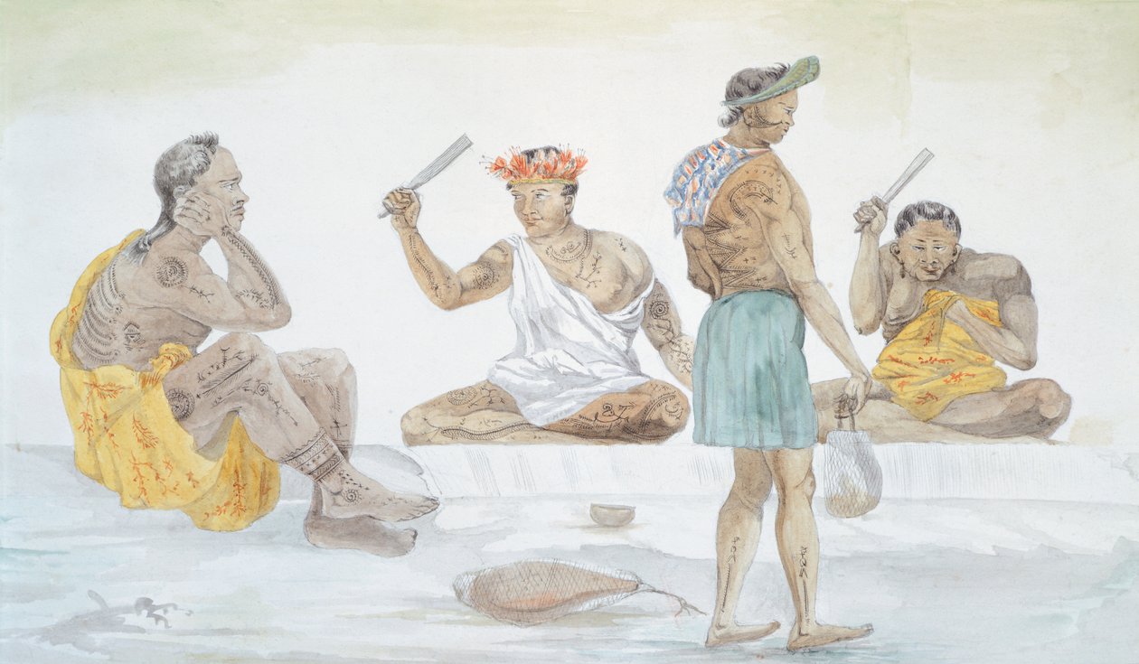 ताहिती क्लॉथ बीटर्स, एलएफ लेज्यून द्वारा जर्नी ऑफ़ लुई आई डुपरे (1822-1825), पोलिनेशिया 19वीं सदी के वाटरकलर से द्वारा फ्रेंच स्कूल