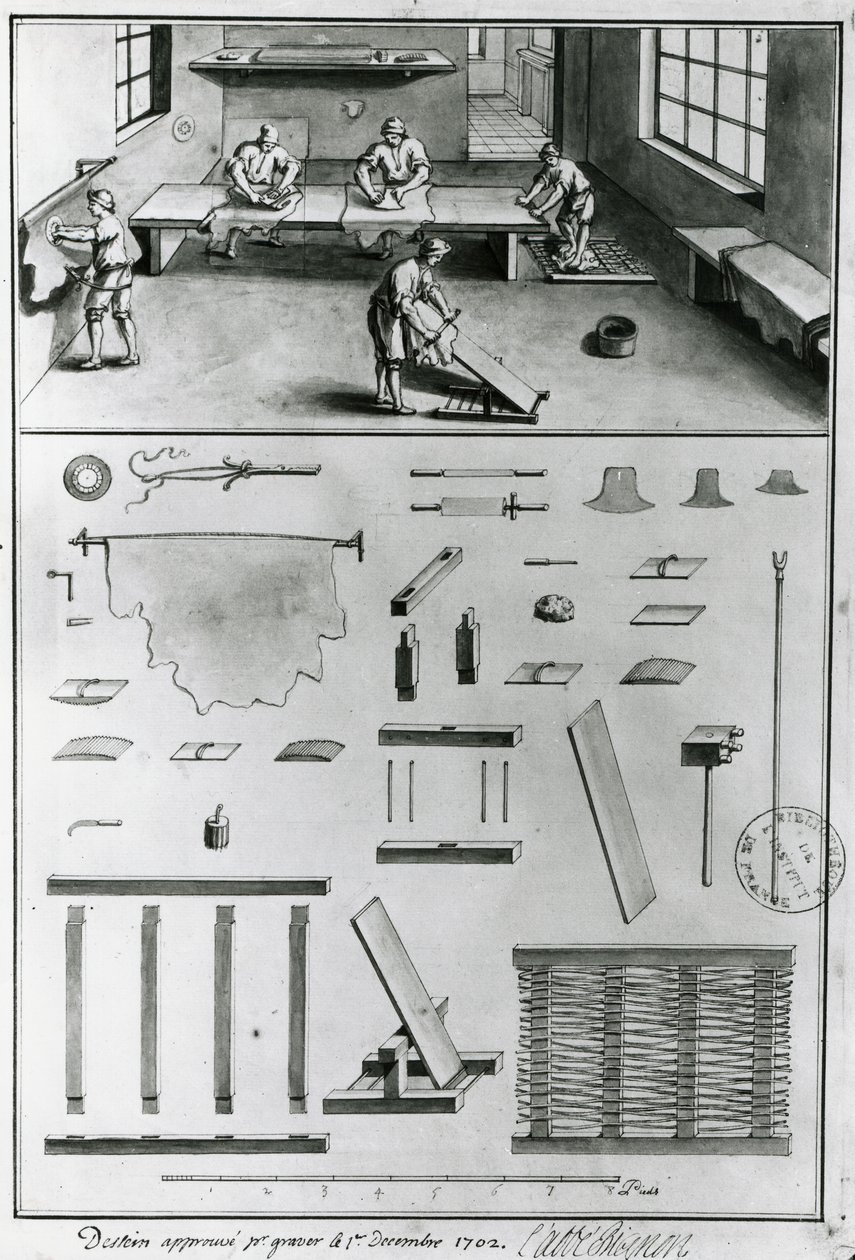 डेनिस डिडरोट (1713-84) द्वारा कला और शिल्प के वर्णन से बैनर, प्रकाशित c.1770 (b & w फोटो) द्वारा फ्रेंच स्कूल