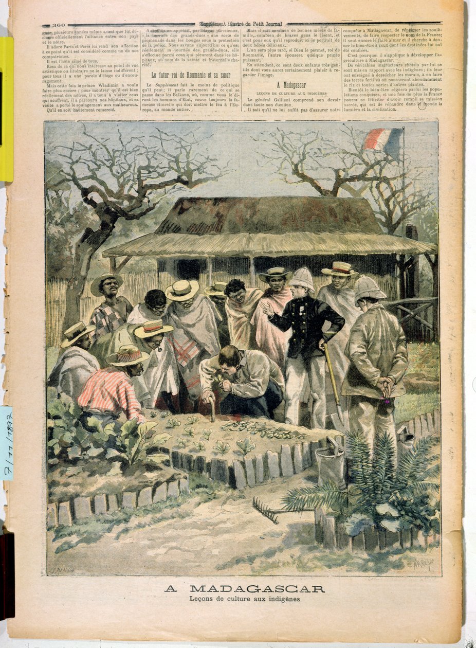 7 नवंबर 1896 को ले पेटिट जर्नल से मेडागास्कर के मूल निवासियों को खेती के तरीके सिखाना द्वारा फ्रेंच स्कूल