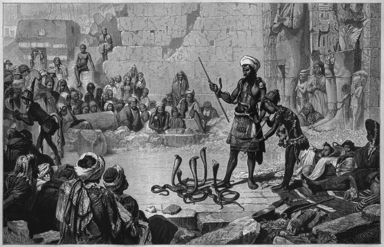 मेदिनीत आबू का मंदिर। सर्पों का आकर्षण, जॉर्ज मोरिट्ज आइबर्स (1837-98) के लिजीप से, 1881 (बीडब्ल्यू उत्कीर्णन) द्वारा फ्रेंच स्कूल