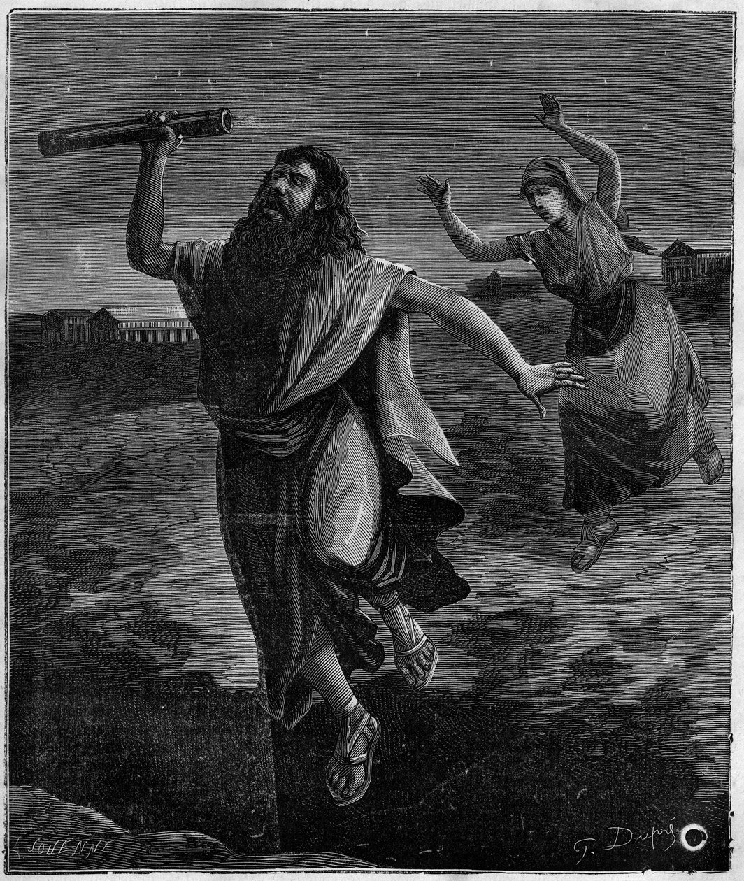 थेल्स ऑफ़ मिलेटस गणितज्ञ और यूनानी दार्शनिक (625 ईसा पूर्व - 546 ईसा पूर्व): "उन्होंने अपने पैरों के नीचे एक खुला गड्ढा नहीं देखा और खुद को ठंडा होने दिया" द्वारा फ्रेंच स्कूल