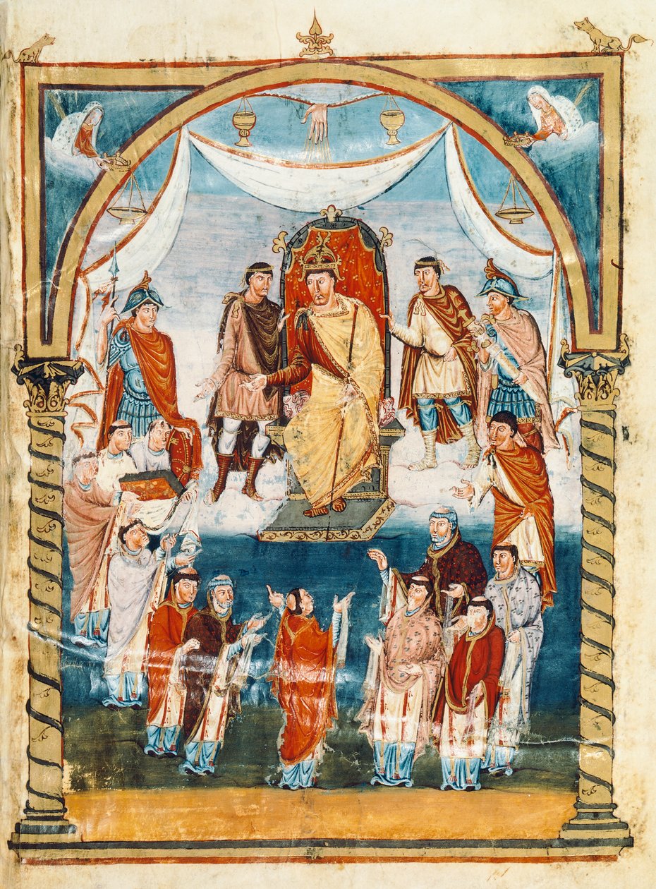 सेंट मार्टिन ऑफ टूर्स के भिक्षुओं से घिरे मठाधीश विवियन, चार्ल्स द्वितीय द बाल्ड को पुस्तक भेंट करते हुए, ९वीं शताब्दी (लघु) द्वारा फ्रेंच स्कूल