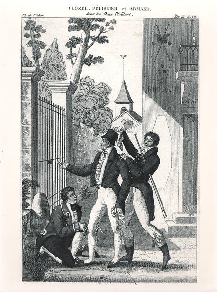 लुई बेनोइट पिकार्ड (1769-1828) की कॉमेडी 'लेस ड्यूक्स फिलिबर्ट' से अभिनेता क्लोज़ेल एक एलिगेंट के रूप में, c. १८१८ (उत्कीर्णन) (बी/डब्ल्यू फोटो) द्वारा फ्रेंच स्कूल