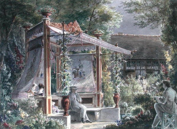 आर्किटेक्ट जैक्स इग्नेस हिटॉर्फ (1792-1867) पेरिस में अपने बगीचे में (कागज पर गौचे) द्वारा फ्रेंच स्कूल