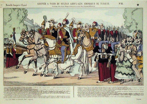 1867 में पेरिस में सुल्तान अब्द अल-अज़ीज़ (1830-76) का आगमन (रंगीन उत्कीर्णन) द्वारा फ्रेंच स्कूल