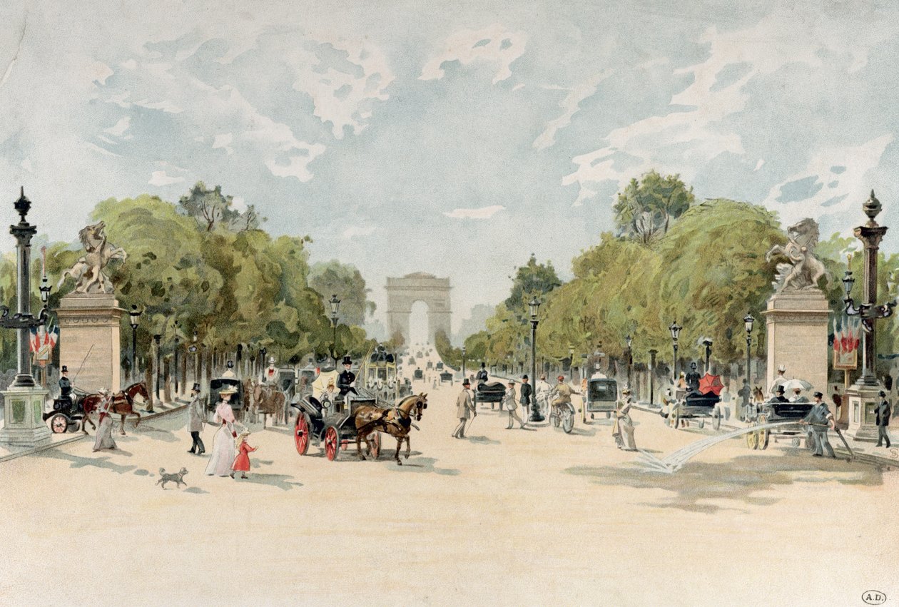 द चैंप्स-एलिसीज़ एवेन्यू, c.1895 (wc पेपर पर) द्वारा फ्रेंच स्कूल