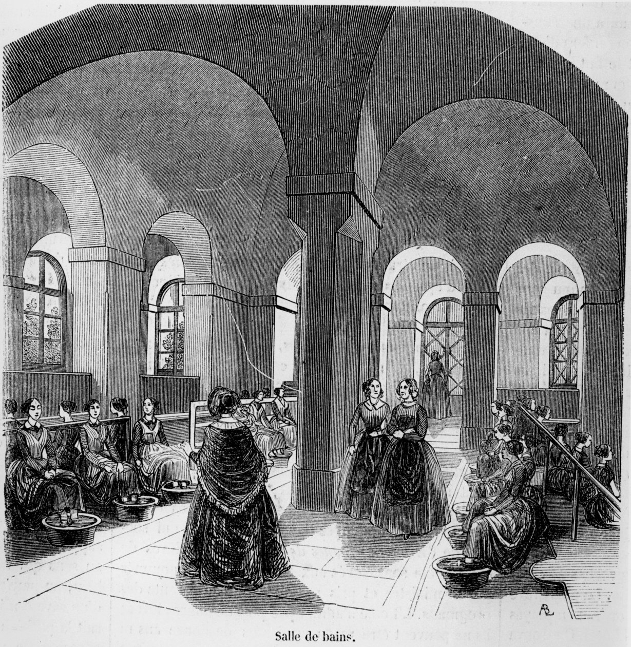 1852 में प्रकाशित एडमंड टेक्सियर द्वारा टैब्लू डी पेरिस में द इंस्टीट्यूट फॉर द यंग ब्लाइंड में बाथरूम द्वारा फ्रेंच स्कूल