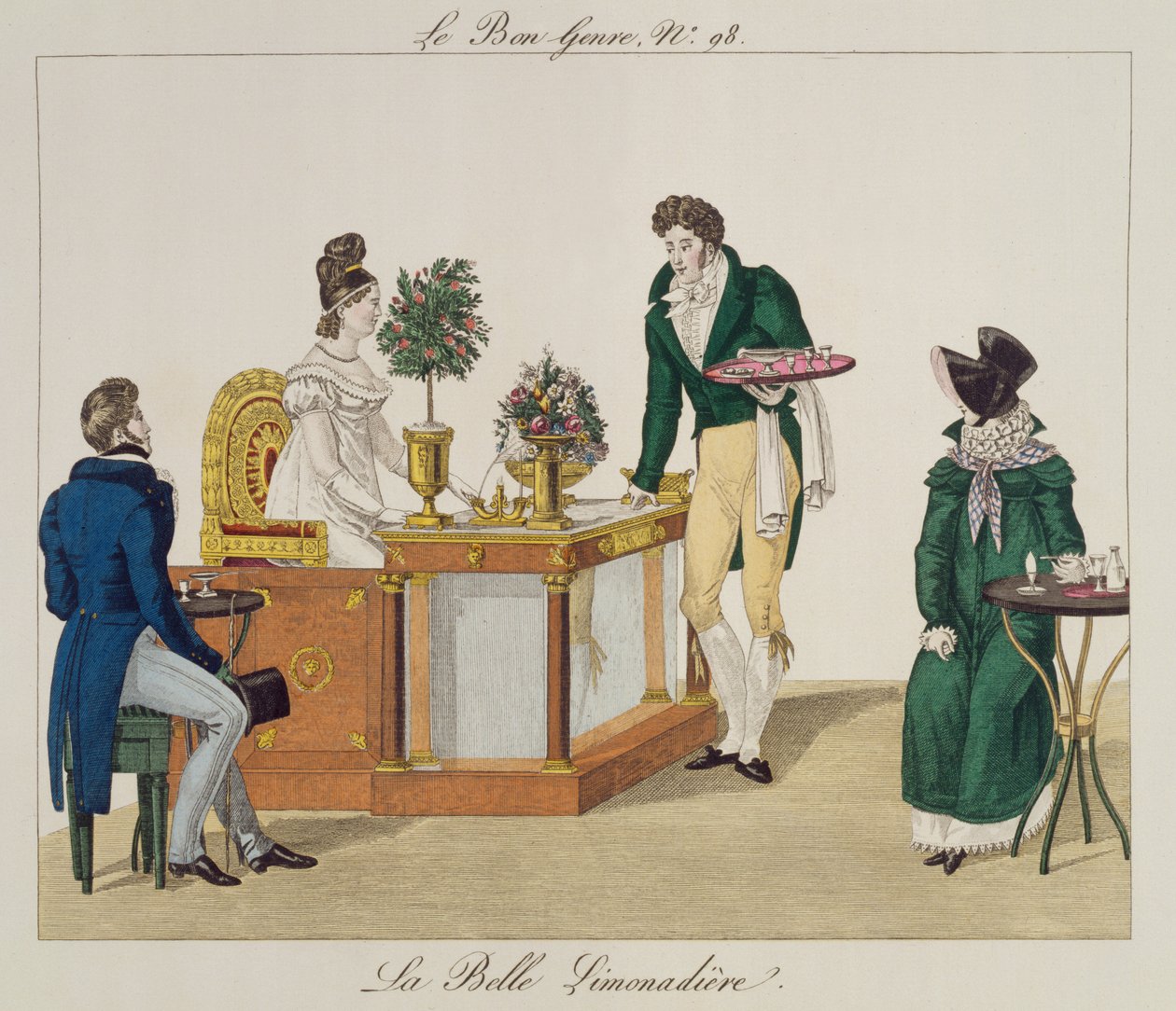 सुंदर नींबू पानी विक्रेता, ले बोन शैली से सी 98, c.1810 (रंग उत्कीर्णन) द्वारा फ्रेंच स्कूल