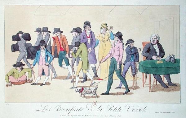 चेचक के लाभ, कैरिकेचर, c.1804 (रंग उत्कीर्णन) द्वारा फ्रेंच स्कूल