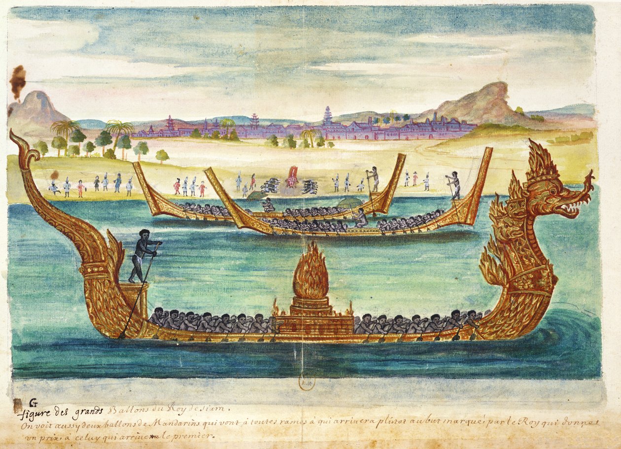 सियाम के राजा के नाव, स्याम में जेसुइट्स के एक खाते से, 1688 (कागज पर wc) द्वारा फ्रेंच स्कूल