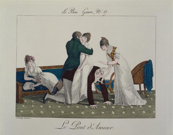 प्यार का पुल, 'ले बॉन शैली' से प्लेट 67, c.1810 (रंग उत्कीर्णन) द्वारा फ्रेंच स्कूल