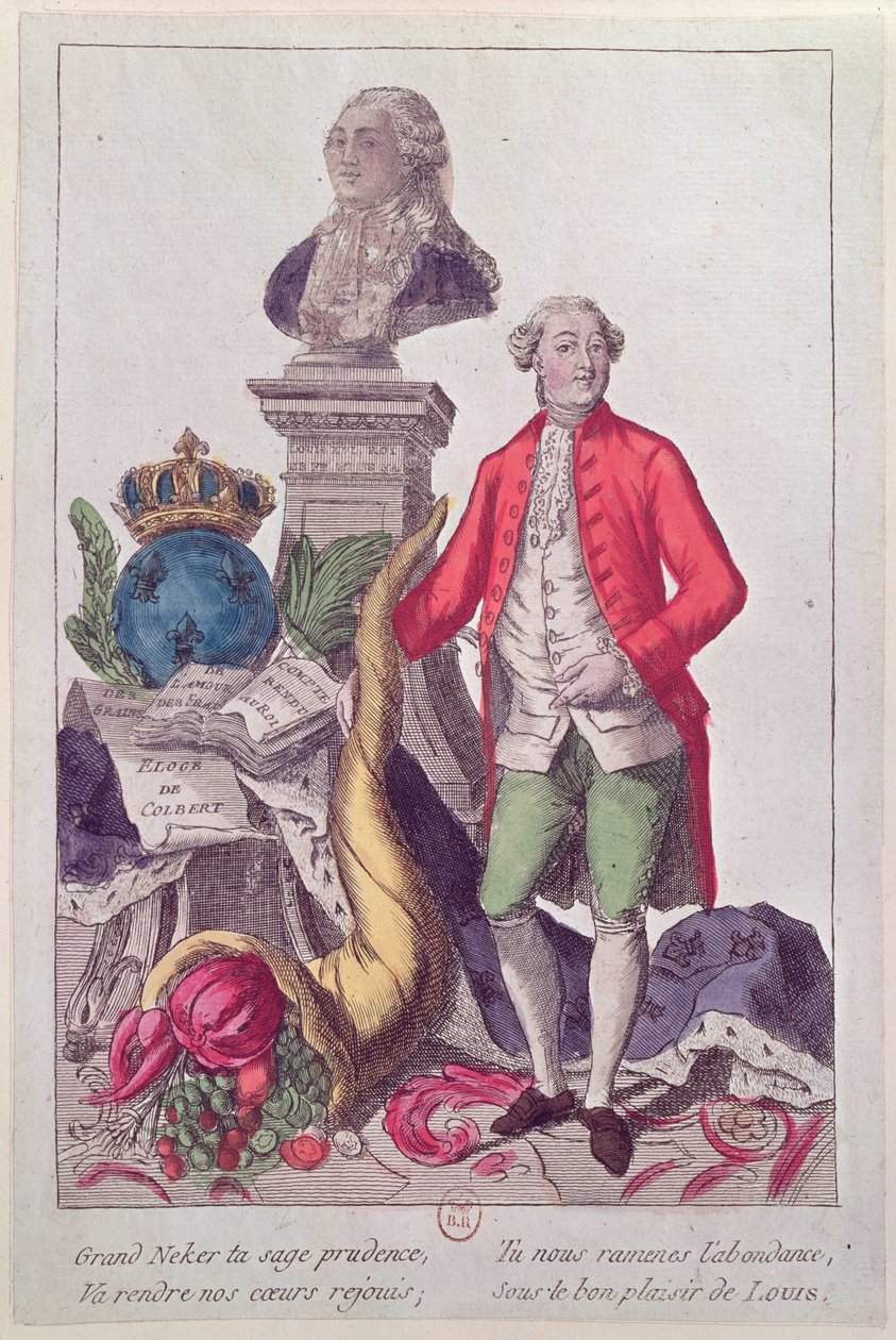 जैक्स नेकर की कॉल (1732-1804) 16 जुलाई 1789 (रंगीन उत्कीर्णन) द्वारा फ्रेंच स्कूल